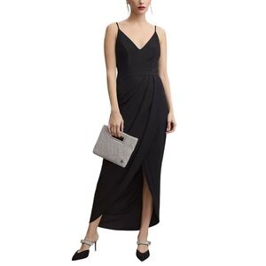 BHLDN Lyra Caron V-Neck Faux-Wrap Midi Dress Black Crepe Formal Black-Tie Sz 0